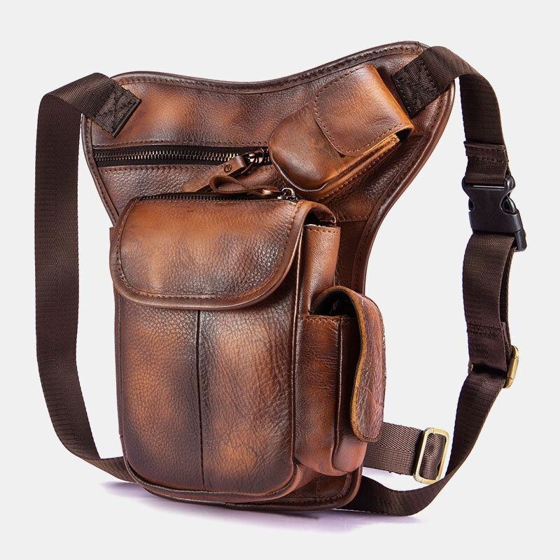 Herr Äkta Läder Multi-carry Retro 7-tums Telefonkamera Utomhus Midjeväska Crossbody-väska