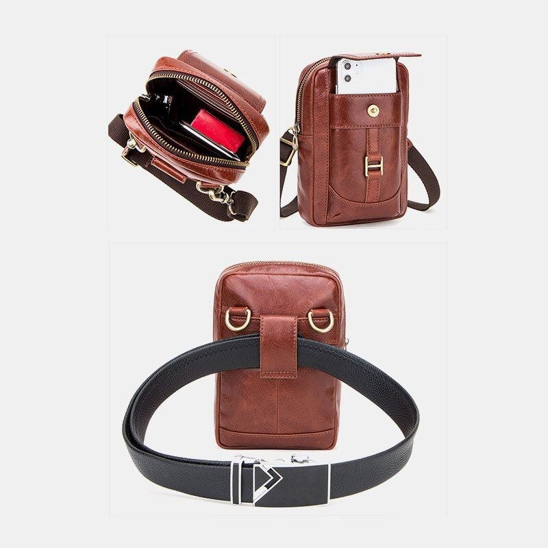 Herr Äkta Läder Retro Fashion 5.8 Tums Telefonväska Multi-carry Crossbody Bag Midjeväska