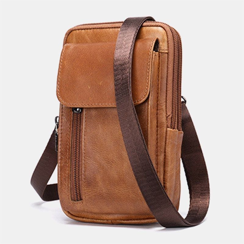 Herr Retro Dubbellagers Kohudsväska Casual Slitstark 6.5 Tums Telefonväska Bältesväska Crossbody-väska Axelväska