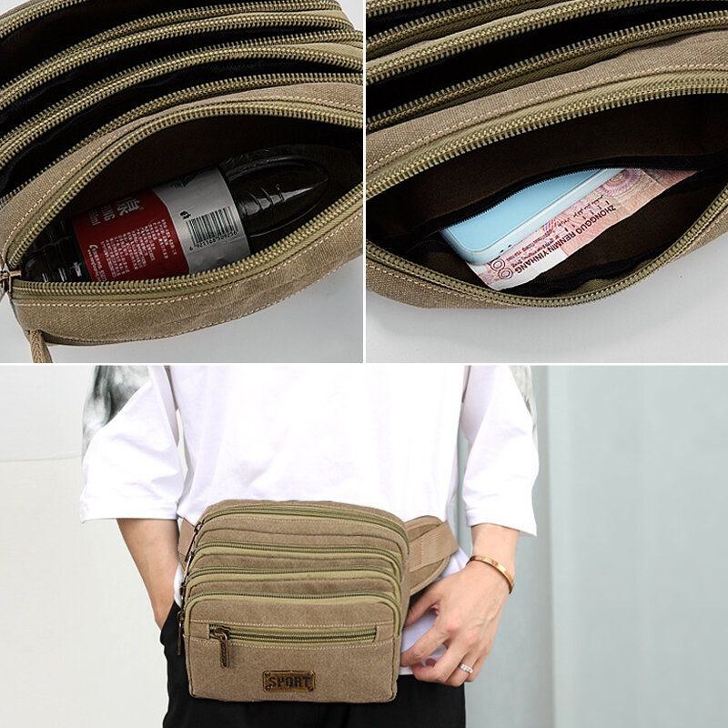 Herr Vattentät Midjeväska Med Flera Fickor Canvas Stor Kapacitet Multifunktionstelefonväska Bröstväska Crossbody-väska Axelväska