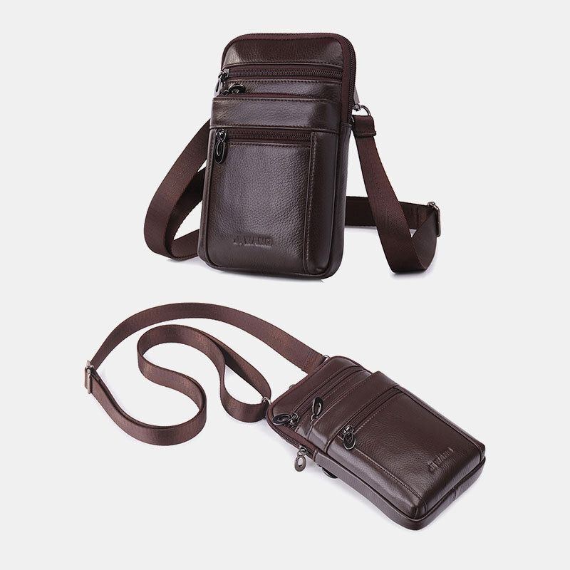 Herr Vintage Äkta Läder Midjeväska 7-tums Telefonväska Crossbody-väska Axelväska