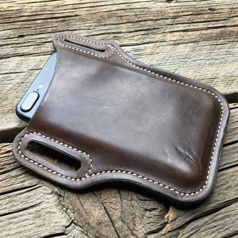 Herr Vintage Casual Äkta Läder Fanny Pack 6.3/7.2 Tums Telefonväska Midjeväska Påse Läderbältesväska