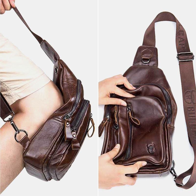 Bröstväska I Kohud Med Flera Fickor För Män Fritidssport Multifunktionell Crossbody-väska Med Stor Kapacitet Axelväska