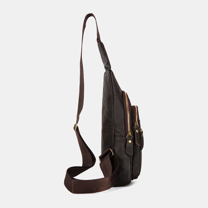 Herr Äkta Läder Flerlager Vattentät Casual Crossbody-väska Bröstväska Sling Bag