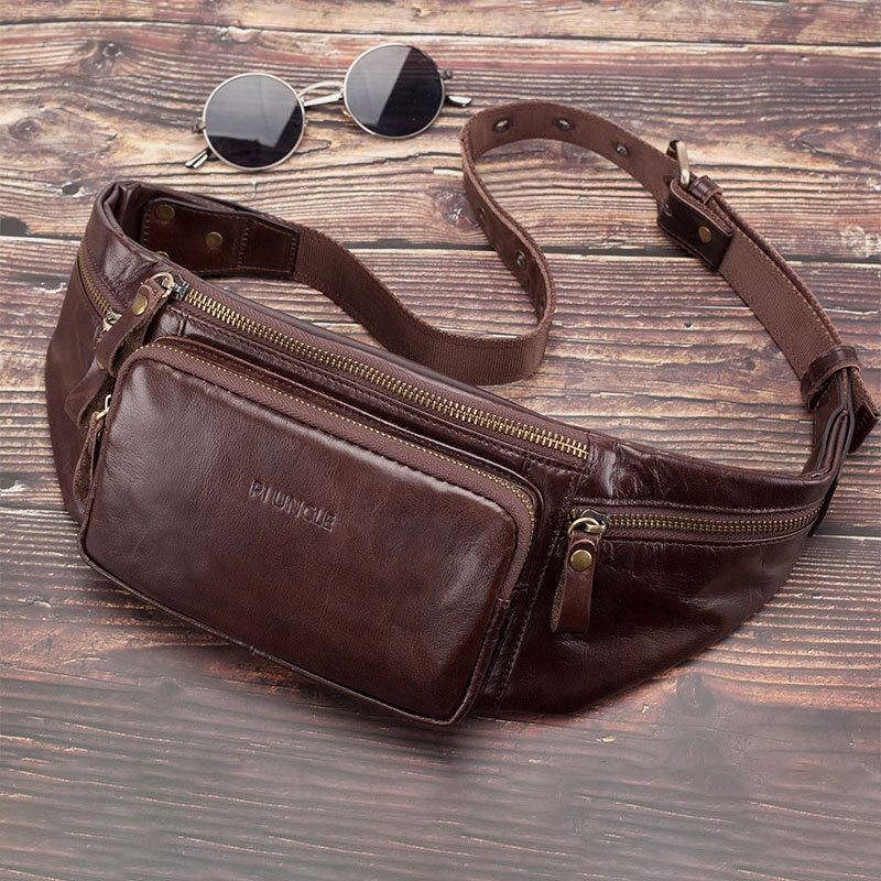 Herr Äkta Läder Retro Sport Outdoor Multi-carry Bröstväska Sling Bag Crossbody Bag Midjeväska