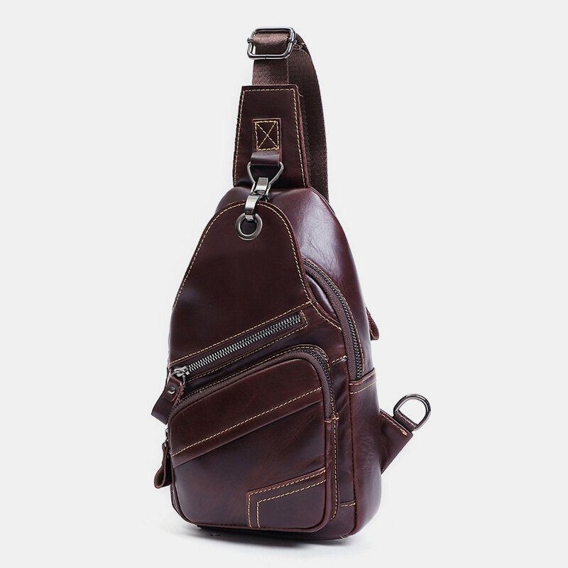 Herr Äkta Läder Stor Kapacitet Utomhus Casual Bröstväska Cabriolet Axelrem Multi-ficks Axelväska Crossbody Bag