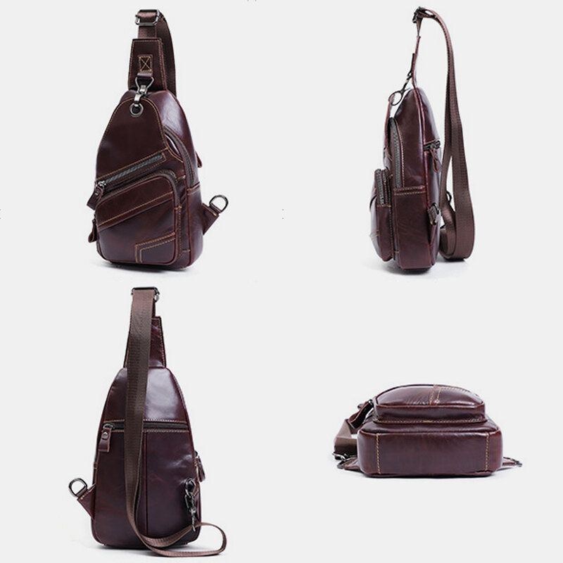 Herr Äkta Läder Stor Kapacitet Utomhus Casual Bröstväska Cabriolet Axelrem Multi-ficks Axelväska Crossbody Bag