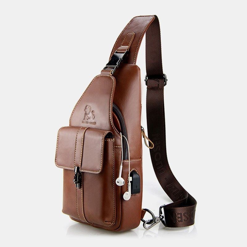 Herr Äkta Läder Usb-laddning Retro Casual Kohud Bröstväska Sling Bag Crossbody-väska