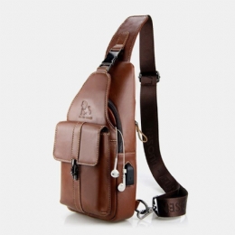 Herr Äkta Läder Usb-laddning Retro Casual Kohud Bröstväska Sling Bag Crossbody-väska