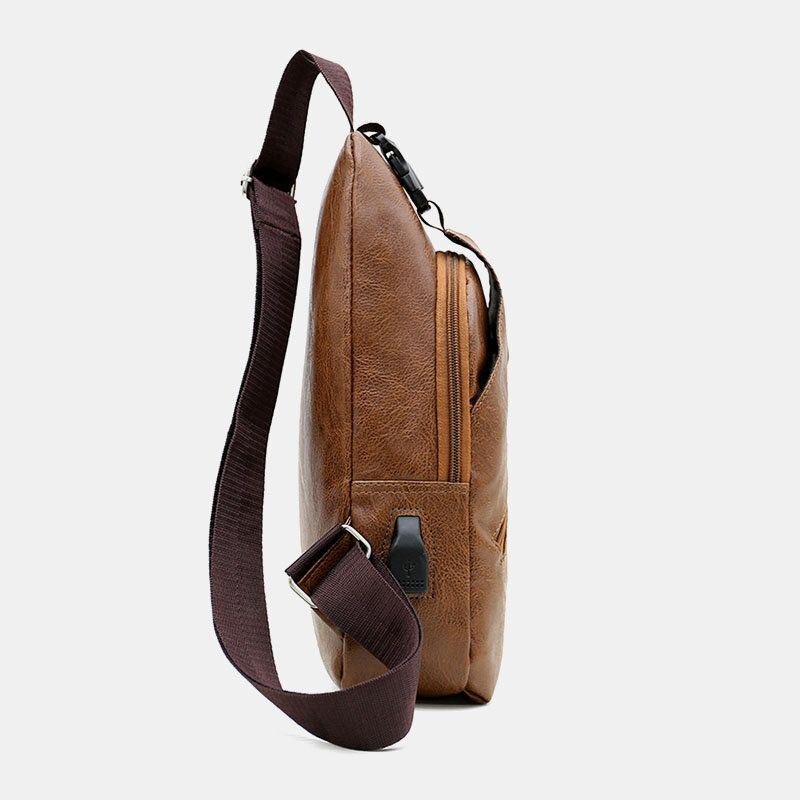 Herr Konstläder Usb-laddningshörlurar Resor Retro Business Bröstväska Crossbody-väska