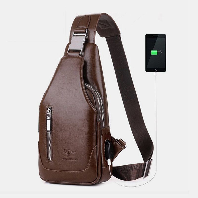 Herr Pu Läder Business Casual Utomhus Vattentät Multi-carry Axelväska Crossbody Bag Bröstväska Med Usb-laddning