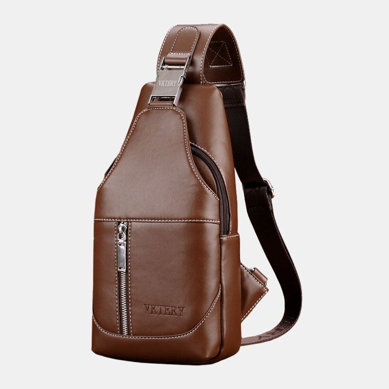 Herr Pu-läder Casual Multifunktionshörlurshål Crossbody-väska Bröstväska