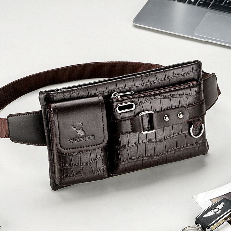 Herr Pu-läder Multi-pocket Slitstark Bröstväska Midjeväska Hörlurshål Design 6.5 Tums Telefonväska Crossbody-väskor