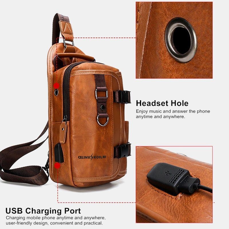 Herr Pu Läder Stor Kapacitet Multifunktions Headset Hål Usb Laddning Kortresa Slingväskor Crossbody Bag Bröstväska