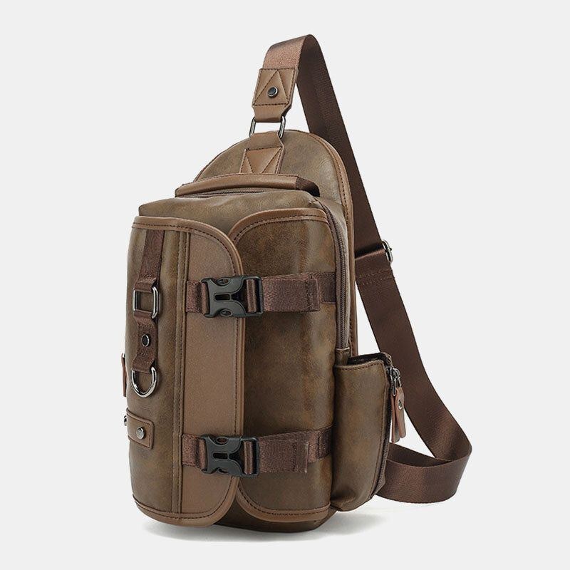 Herr Pu Läder Vintage Multifunktion Hörlurar Hål Usb Laddning Crossbody Bag Bröstväska Sling Bag