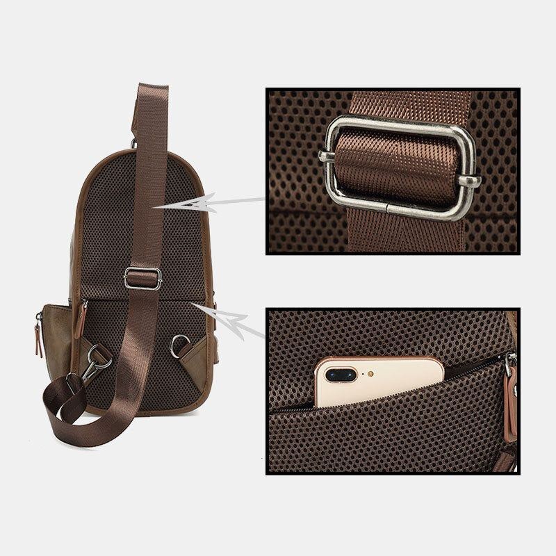 Herr Pu Läder Vintage Multifunktion Hörlurar Hål Usb Laddning Crossbody Bag Bröstväska Sling Bag