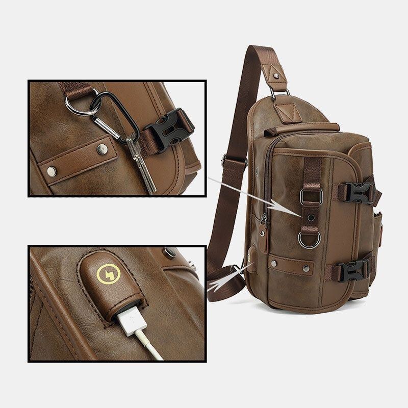 Herr Pu Läder Vintage Multifunktion Hörlurar Hål Usb Laddning Crossbody Bag Bröstväska Sling Bag