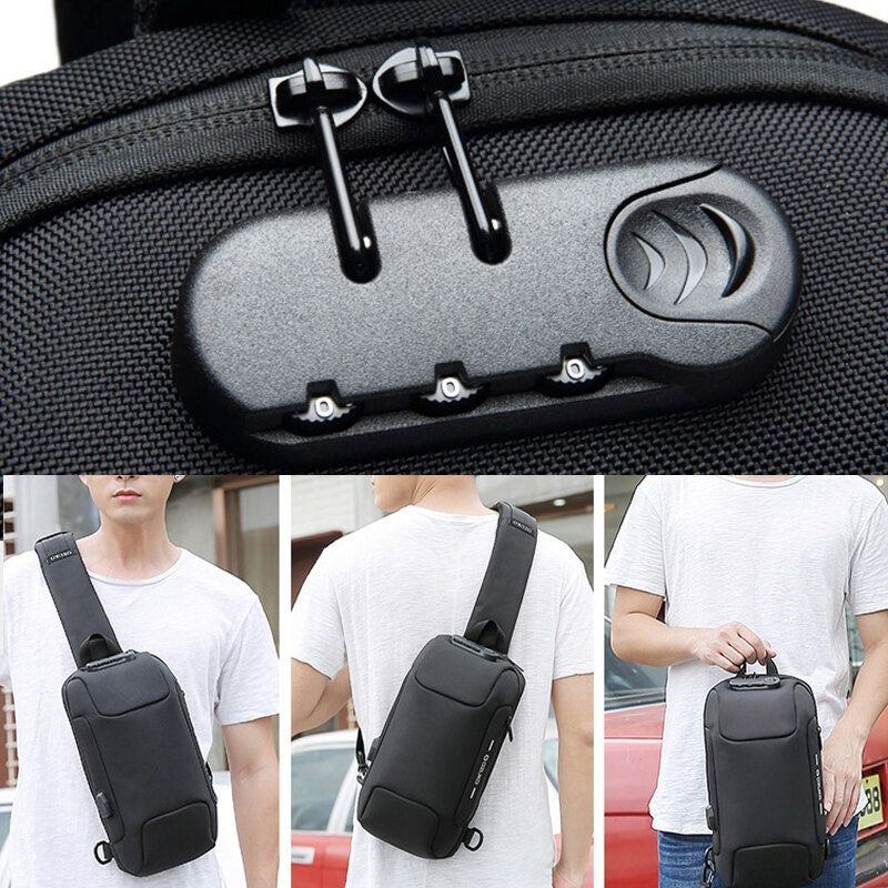 Herr Stöldskydd Usb-laddning Flerlager Vattentät Crossbody-väska Bröstväska Sling Bag