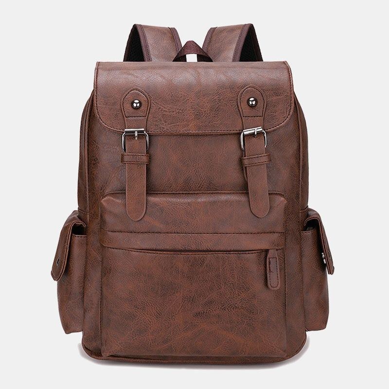 Herr Casual Travel Multi-pocket Ryggsäck Med Stor Kapacitet Solid Retro Slitstark Vattentät Pu Mjukt Läder 14 Tums Bärbar Datorväska