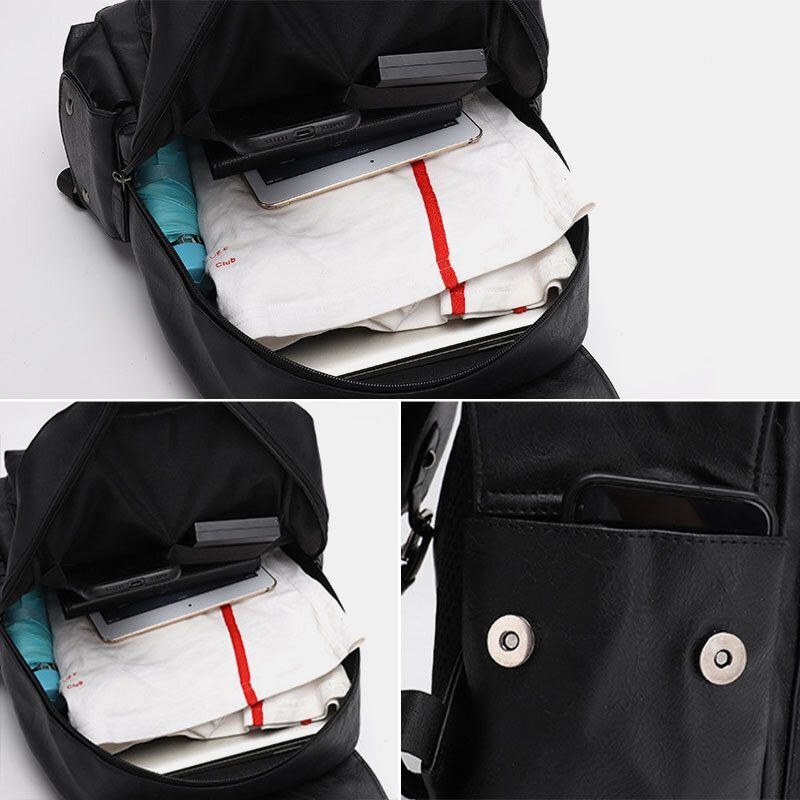 Herr Casual Travel Multi-pocket Ryggsäck Med Stor Kapacitet Solid Retro Slitstark Vattentät Pu Mjukt Läder 14 Tums Bärbar Datorväska