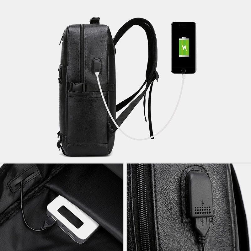 Herr Usb-laddning Multi-pocket Pu-läderryggsäck Mode Casual Stor Kapacitet 15.6 Tums Bärbar Datorväska