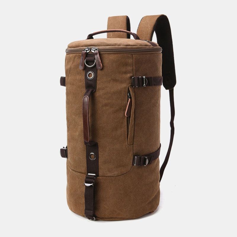 Herr Vintage Canvas Stor Kapacitet Multi-bär Enfärgad Cylinder Casual Ryggsäck Crossbody Bag