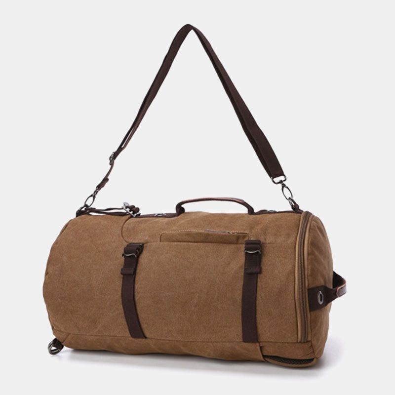 Herr Vintage Canvas Stor Kapacitet Multi-bär Enfärgad Cylinder Casual Ryggsäck Crossbody Bag