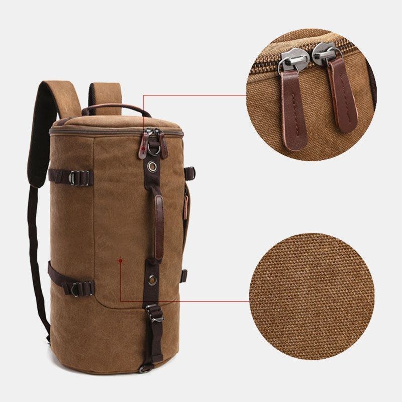 Herr Vintage Canvas Stor Kapacitet Multi-bär Enfärgad Cylinder Casual Ryggsäck Crossbody Bag