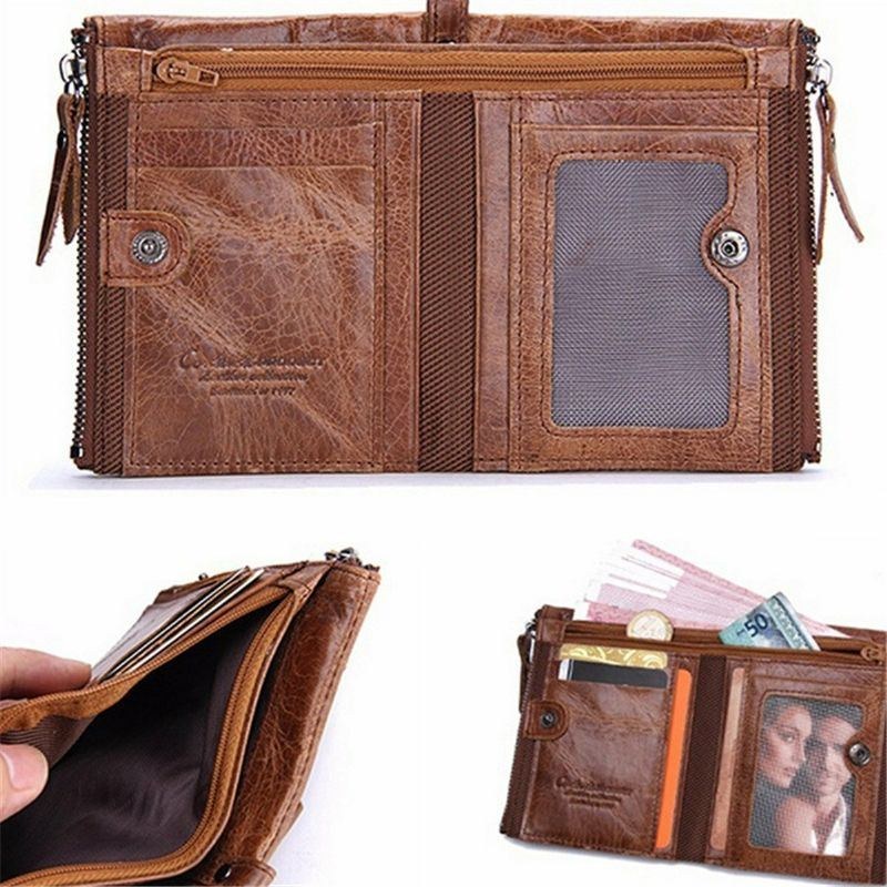 Herr Äkta Läder Bifold Hasp Multi-card Slot Korthållare Retro Dubbel Dragkedja Pocket Myntväska Kort Money Clip Plånbok