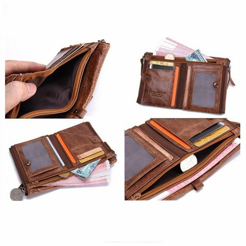 Herr Äkta Läder Bifold Hasp Multi-card Slot Korthållare Retro Dubbel Dragkedja Pocket Myntväska Kort Money Clip Plånbok