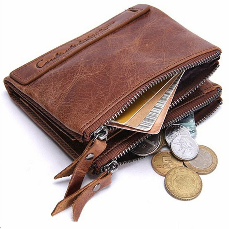 Herr Äkta Läder Bifold Hasp Multi-card Slot Korthållare Retro Dubbel Dragkedja Pocket Myntväska Kort Money Clip Plånbok