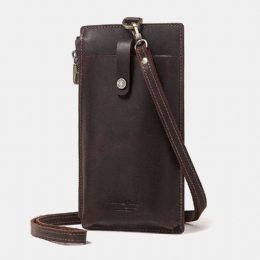 Herr Unisex Äkta Läder Kohud Dragkedja Retro 6.3 Tums Telefonväska Clutch Plånbok