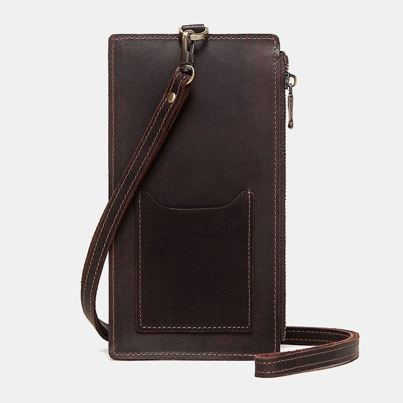 Herr Unisex Äkta Läder Kohud Dragkedja Retro 6.3 Tums Telefonväska Clutch Plånbok