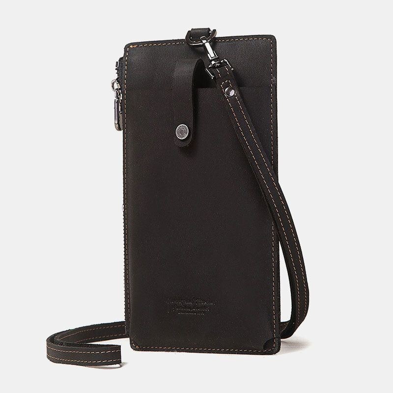 Herr Unisex Äkta Läder Kohud Dragkedja Retro 6.3 Tums Telefonväska Clutch Plånbok