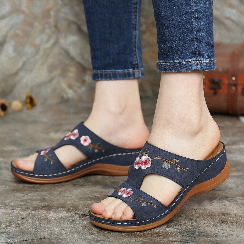 Blomsterbroderi För Kvinnor Med Öppen Tå Casual Summer Wedge Sandaler