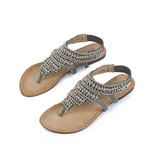 Böhmiska Pärlor För Kvinnor Retro Vintage Beach Sandaler Peep Toe Slip On Flat Sandaler