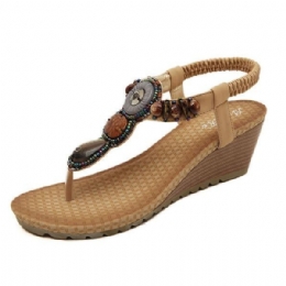 Bohemia Bead Wedge Beach Sandaler För Damer Slip On Flip Flops Elastiska Peep Toe-kilar