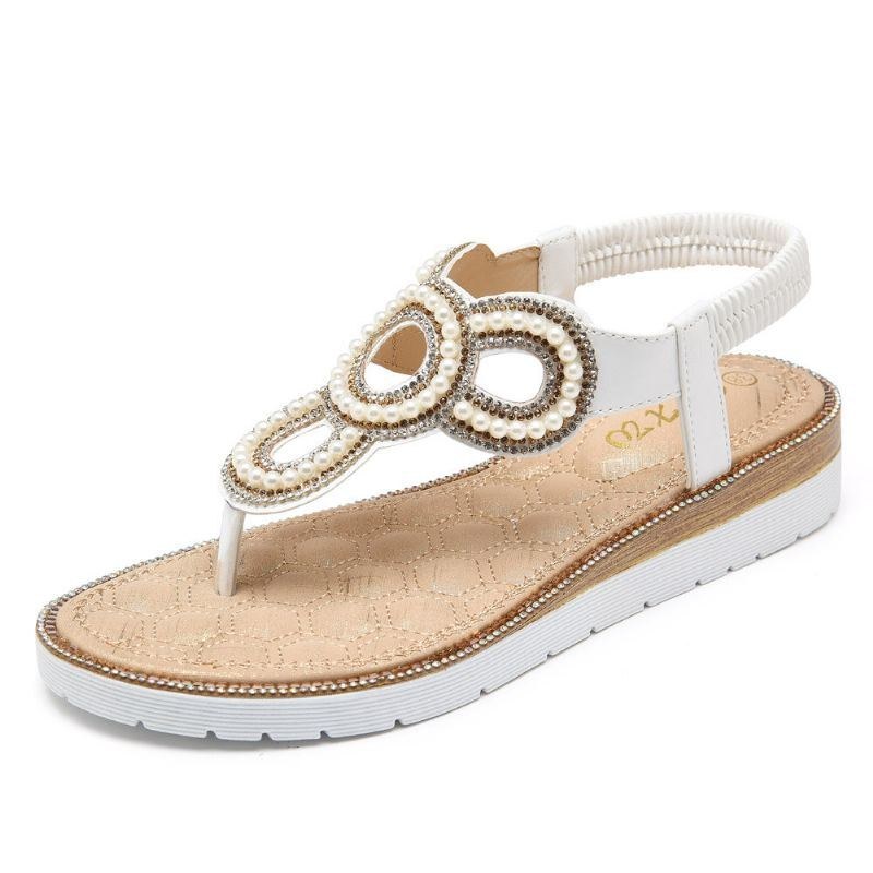 Bohemian Rhinestone Bead Flat Sandaler För Kvinnor Casual Holiday Lady Sandaler