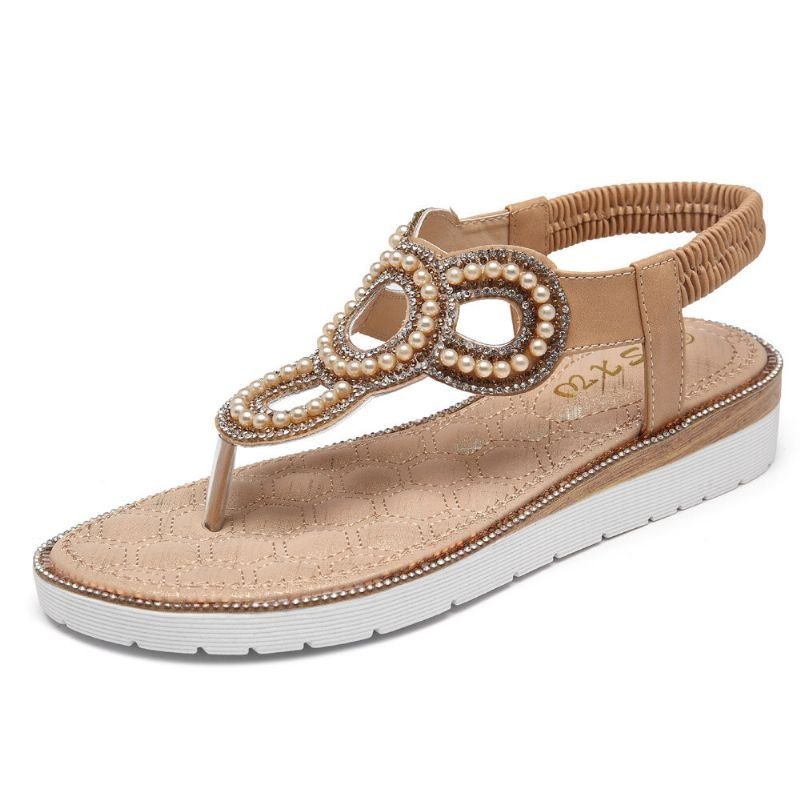 Bohemian Rhinestone Bead Flat Sandaler För Kvinnor Casual Holiday Lady Sandaler