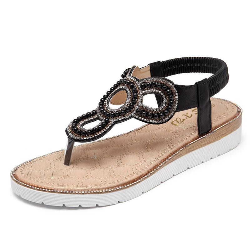 Bohemian Rhinestone Bead Flat Sandaler För Kvinnor Casual Holiday Lady Sandaler