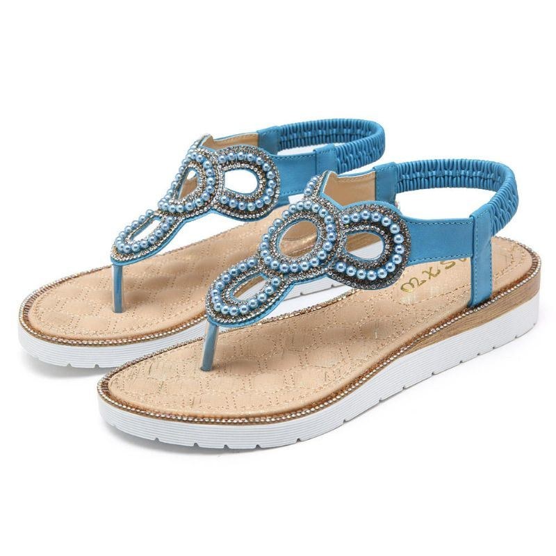 Bohemian Rhinestone Bead Flat Sandaler För Kvinnor Casual Holiday Lady Sandaler