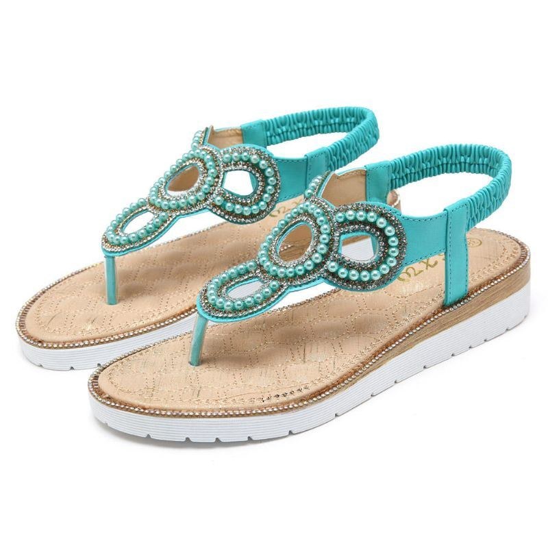 Bohemian Rhinestone Bead Flat Sandaler För Kvinnor Casual Holiday Lady Sandaler