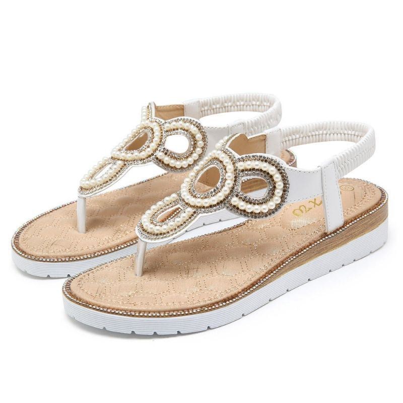 Bohemian Rhinestone Bead Flat Sandaler För Kvinnor Casual Holiday Lady Sandaler