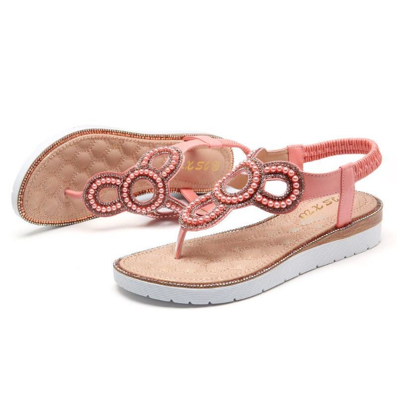 Bohemian Rhinestone Bead Flat Sandaler För Kvinnor Casual Holiday Lady Sandaler