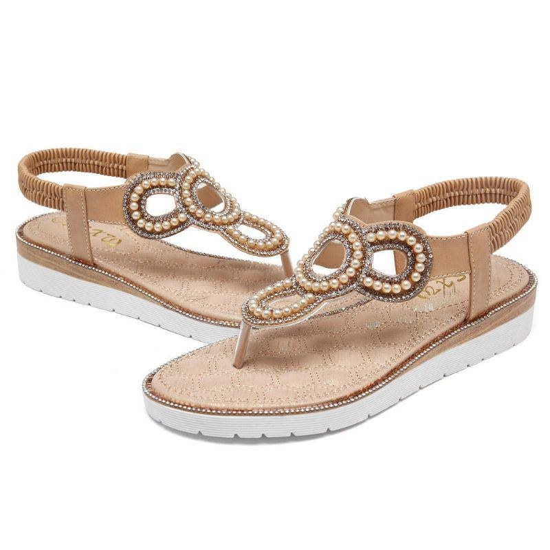 Bohemian Rhinestone Bead Flat Sandaler För Kvinnor Casual Holiday Lady Sandaler