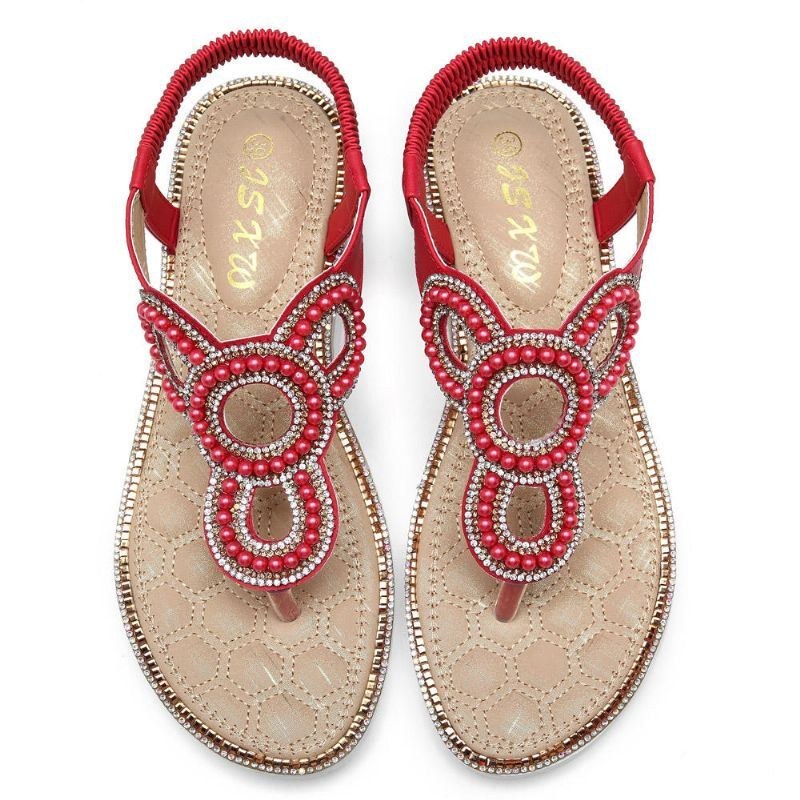 Bohemian Rhinestone Bead Flat Sandaler För Kvinnor Casual Holiday Lady Sandaler