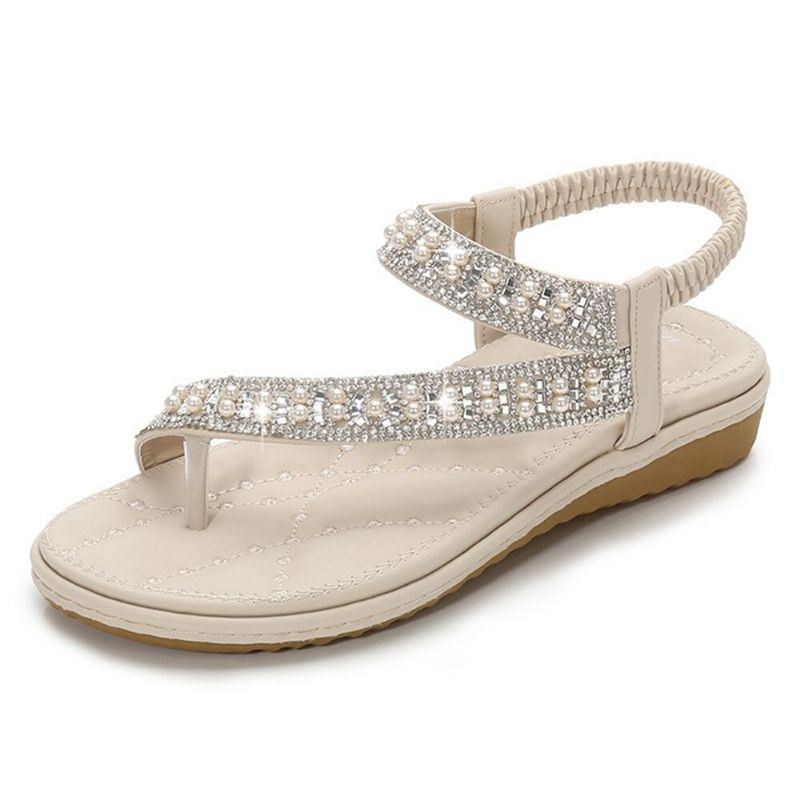 Bohemian Rhinestone Clip Toe Flip Flops Platta Sandaler Med Mjuk Botten