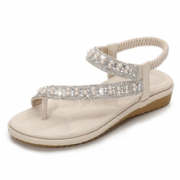 Bohemian Rhinestone Clip Toe Flip Flops Platta Sandaler Med Mjuk Botten