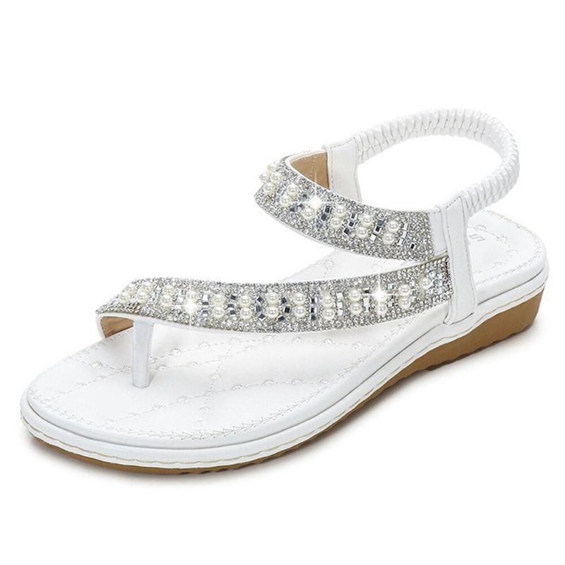 Bohemian Rhinestone Clip Toe Flip Flops Platta Sandaler Med Mjuk Botten