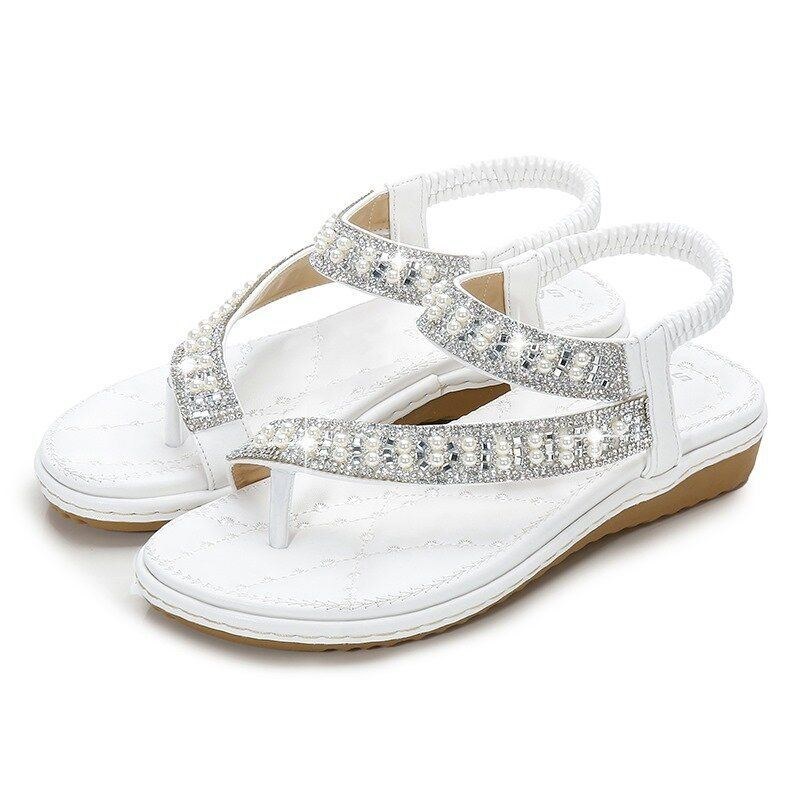 Bohemian Rhinestone Clip Toe Flip Flops Platta Sandaler Med Mjuk Botten